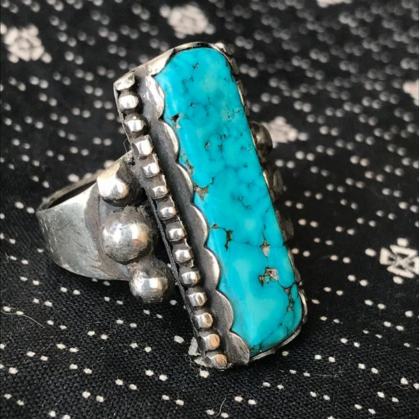 SOLD 1960s LONG BRIGHT SPIDERWEBBED BLUE RECTANGLE TURQUOISE SILVER RING