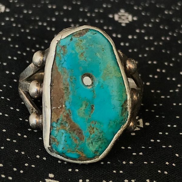 SOLD 1930s RARE DRILLED BLUE TURQUOISE TAB SILVER RING
