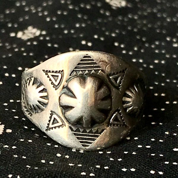 SOLD 1930s REPOUSSE’ CIGAR BAND PEYOTE SILVER TRADING POST FRED HARVEY ERA RING