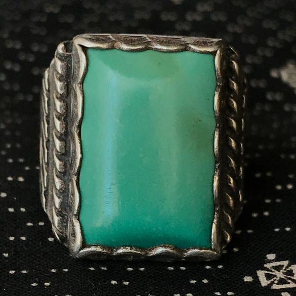 SOLD 1950s LIGHT GREEN TURQUOISE RECTANGLE STAMPED SILVER MENS RING