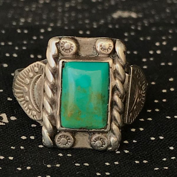 SOLD 1930 SMALL SILVER BLUE & GREEN TURQUOISE RECTANGLE RING FRED HARVEY ERA STAMPED SIDE SHIELDS