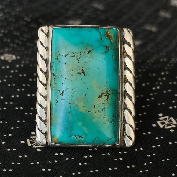 1940s GREASY VIVID BLUE & GREEN ROYSTON TURQUOISE RECTANGLE MENS LARGE FINGER LONG SILVER RING