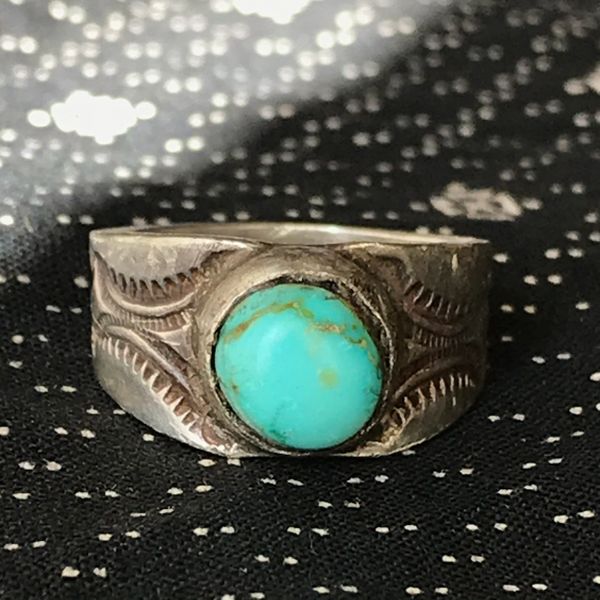 SOLD 1910s INGOT SILVER STAMPED CIGAR BAND PALE BLUE ROUND DOMED TURQUOISE RING