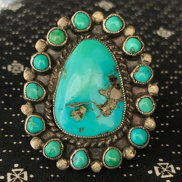 SOLD 1940s HUGE BLUE & GREEN TURQUOISE ZUNI PETIT CLUSTER SILVER RING