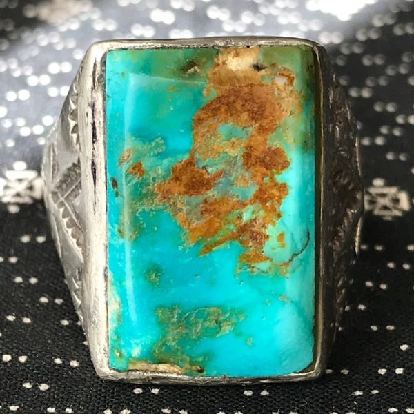 SOLD 1940s BIG VIVD BLUE GREEN ROYSTON TURQUOISE RECTANGLE TRADING POST BIG LONG HUGE HEAVY SILVER MENS RING