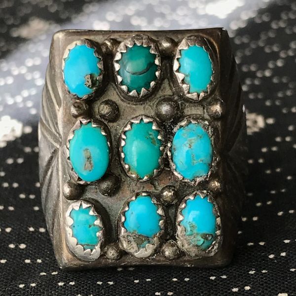 1950s HEAVY SILVER BLUE 9 OVAL TURQUOISE STONES ZUNI HEAVY BIG LONG MENS RECTANGLE RING