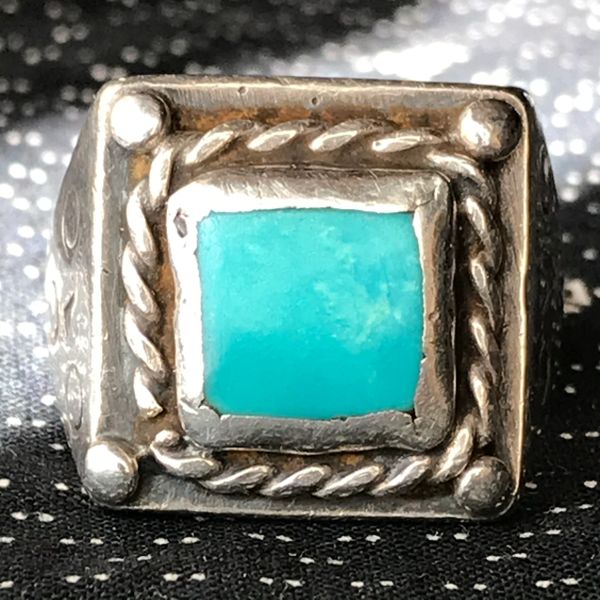 SOLD 1940s HEAVY SILVER SQUARE BLUE TURQUOISE MENS FRED HARVEY ERA DEAD PAWN SILVER RING