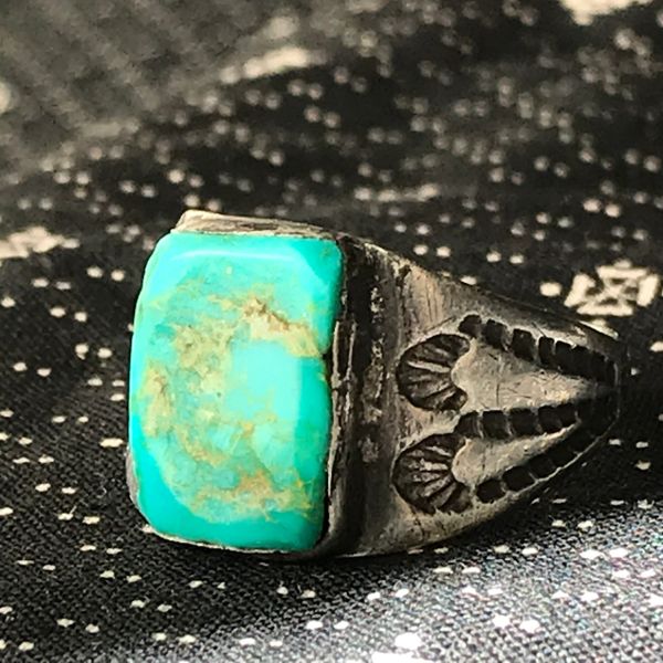 SOLD 1910s ROYSTON NEON BLUE TURQUOISE RECTANGLE ROCKER ENGRAVED FILE STAMPED INGOT SILVER RING