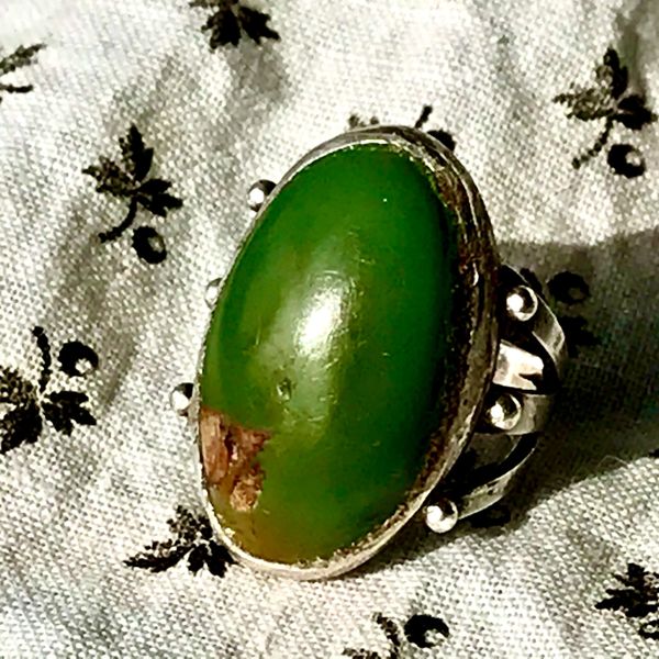 SOLD 1930s OVAL CERILLOS GREEN TURQUOISE INGOT SILVER FRED HARVEY ERA RING