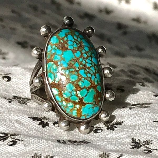 SOLD 1930s RARE FINGER LONG OVAL SPIDERWEBBED ROBIN'S EGG BLUE NUMBER 8 TURQUOISE TRADING POST SILVER RING