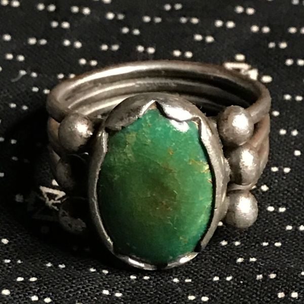 SOLD 1910s INGOT SILVER OVAL GREEN DONED TURQUOISE MEDIUM RING