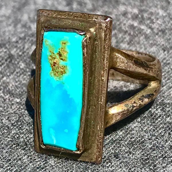 SOLD 1940s INGOT SILVER BLUE TURQUOISE RECTANGLE RING