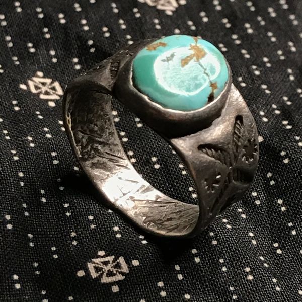 SOLD 1910s INGOT SILVER EARLY STAMPED CIGAR BAND ROUND LIGHT BLUE TURQUOISE RING