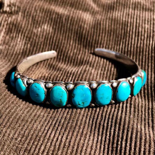 SOLD 1920s VIVID OVAL BLUE TURQUOISE ROW CUFF BRACELET INGOT SILVER GREAT WEAR WELL WORN