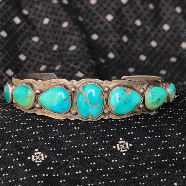 1920s INGOT SILVER BLUE & GREEN TURQUOISE STAMPED FRED HARVEY ERA ROW CUFF BRACELET