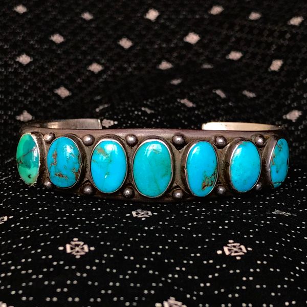 SOLD 1920s BLUE & GREEN OVAL TURQUOISE ROW CUFF BRACELET