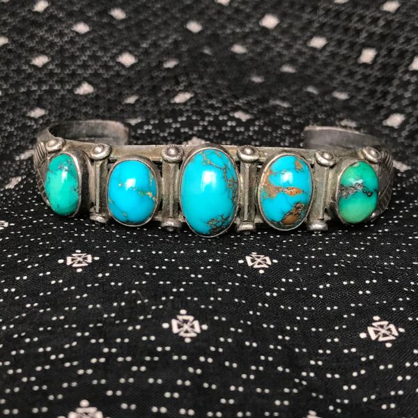 SOLD 1920s CARINATED INGOT SILVER NEON DOMED OVAL BLUE & GREEN TURQUOISE ROW CUFF BRACELET