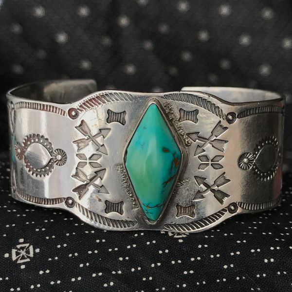 SOLD 1910s RARE OWL STAMPED FRED HARVEY ERA TOURIST TRADING POST ROLLED INGOT SILVER CUFF BRACELET WITH DOMED BEVELED DIAMOND SHAPED GREEN TURQUOISE CUFF BRACELET