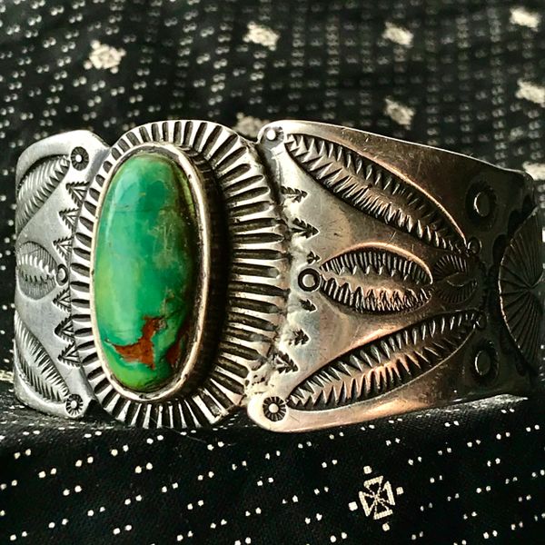 SOLD 1900s YELLOW & GREEN CERILLOS TURQUOISE OVAL SUN, STAR, CLOUD & CONCHO REPOUSSE’ CHISELED FILED BIG HEAVY WIDE MENS INGOT SILVER CUFF BRACELET
