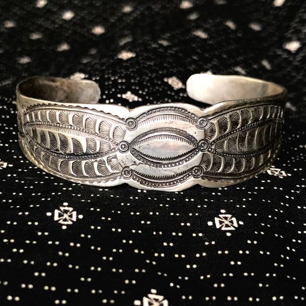 SOLD 1920s CARVED STAMPED GEOMETRIC WATER BUG STYLE INGOT SILVER CUFF BRACELET