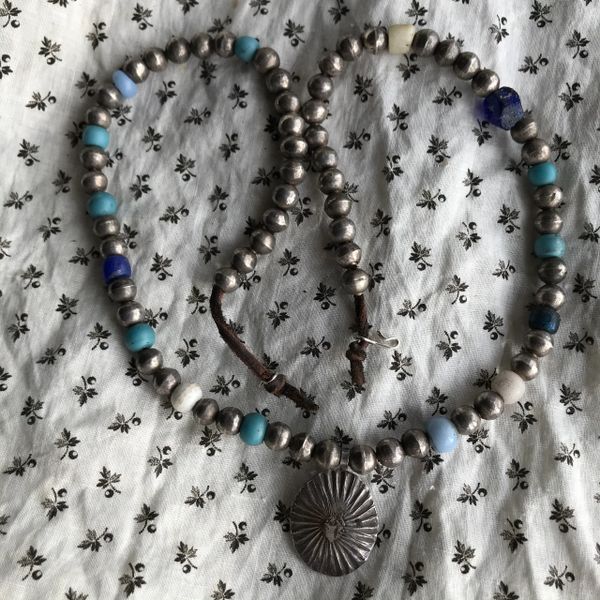 SOLD 1900s SILVER NAVAJO PEARL BENCH BEAD, PUEBLO GLSS TRADE BEAD & CONCHO NECKLACE 24”