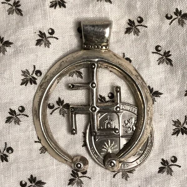 SOLD 1920s HEAVY SILVER SANDCAST RARE WHIRLING LOG NAJA PENDANT