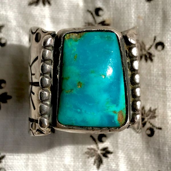SOLD 1930s EXCEPTIONALLY RARE GINORMOUS BLUE AJAX TURQUOISE CHISELED SUN & WHIRLING LOGS SILVER CIGAR BAND RING & BANDANNA SLIDER