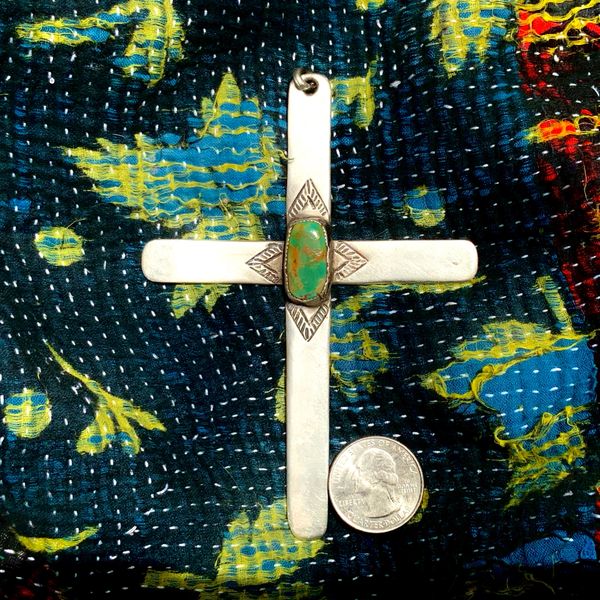 SOLD LIKELY REPRODUCTION PUEBLO SILVER GREEN TURQUOISE LARGE PUEBLO CROSS