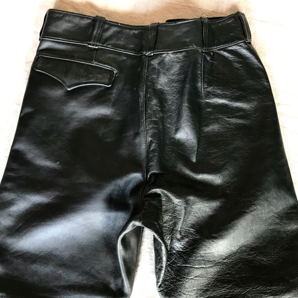 SOLD 1960s MOTORCYCLE SOFT BLACK LEATHER UNLINED BIKER PANTS 32" PASSAIC LUXURY LEATHERS