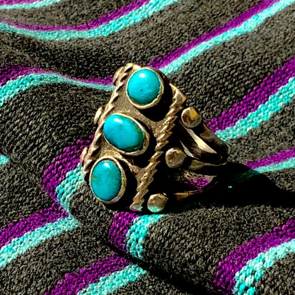 SOLD 1920s NEON BLUE STOPLIGHT TURQUOISE INGOT SILVER TWISTED WIRE ROPE RING