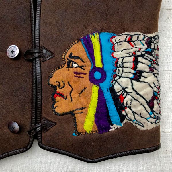 SOLD NATIVE AMERICAN CHIEF HEADDRESS SHEARLING VEST HANDMADE FELT HAND EMBROIDERED