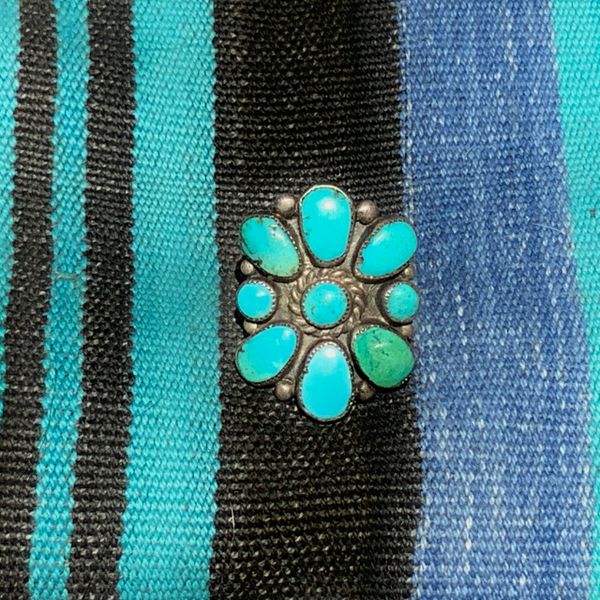 SOLD 1940s ZUNI FLORAL BLUE & GREEN CLUSTER TURQUOISE SILVER BIG RING