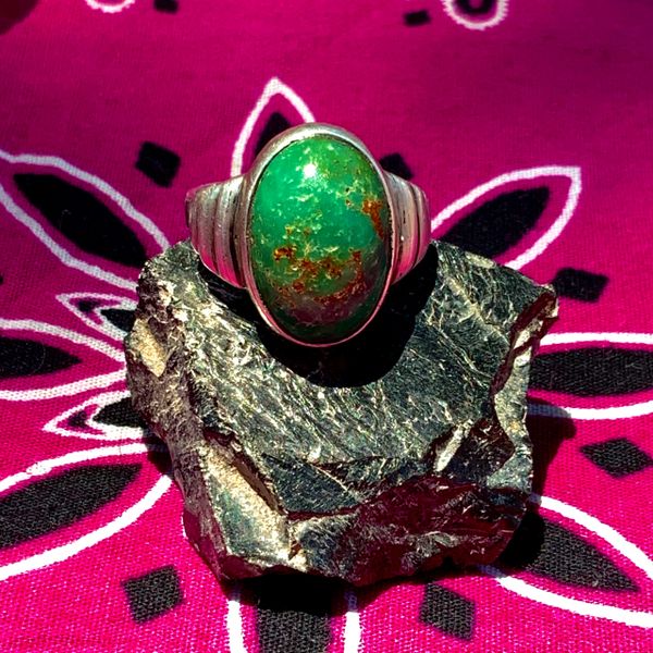 SOLD 1910s NAVAJO FILED INGOT SILVER GREEN TURQUOISE DOMED OVAL RING