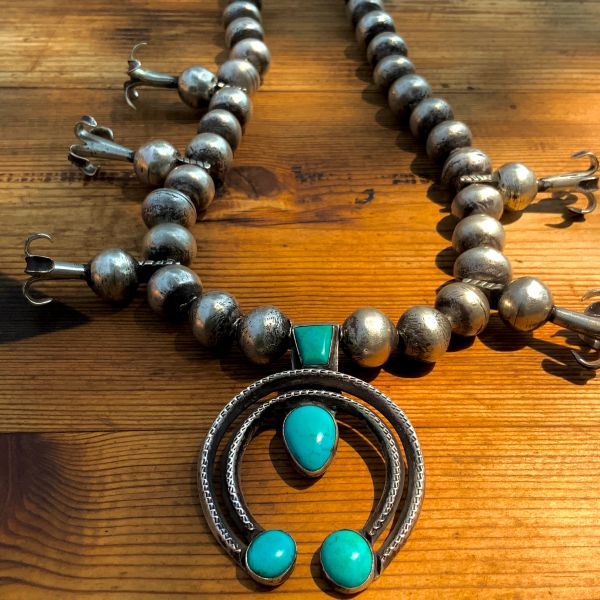 1900s & 1910s Barber Quarter & Liberty Dime Coin Silver Ingot Navajo Pearl Bench Bead Naja Chiseled Filed Turquoise Necklace