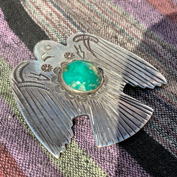 1910s BIG LARGE SILVER STAMPED THUNDERBIRD PENDANT GREEN TURQUOISE