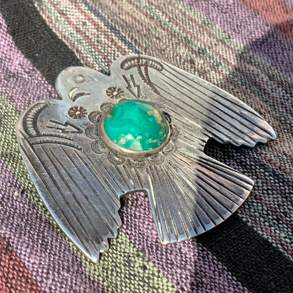 SOLD 1910s BIG LARGE SILVER STAMPED THUNDERBIRD PENDANT GREEN TURQUOISE