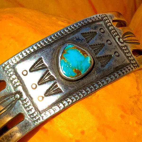 SOLD 1920s CHISELED STAMPED INGOT SILVER & NEON BLUE TURQUOISE WIDE CUFF BRACELET