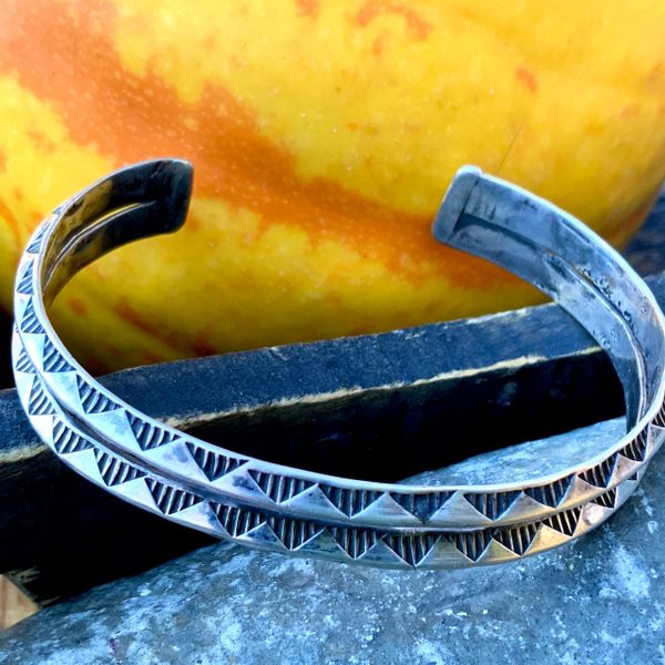 SOLD 1920s STACKABLE EARLY STAMPED CARINATED INGOT SILVER CUFF BRACELET