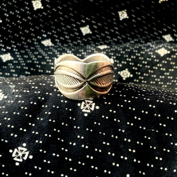 SOLD 1950s POSSIBLE FRED THOMPSON WIDE STAMPED SILVER RING BAND
