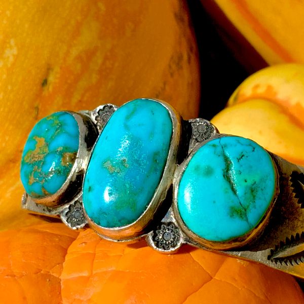 SOLD 1930s CRACKED STONE EXCEPTIONALLY SPECIAL 3 STONE HEART STAMPED CUFF INGOT SILVER BRACELET