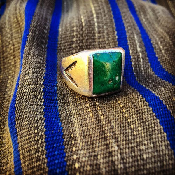 SOLD 1920s GREEN TURQUOISE STAMPED HEAVY SILVER MENS RING