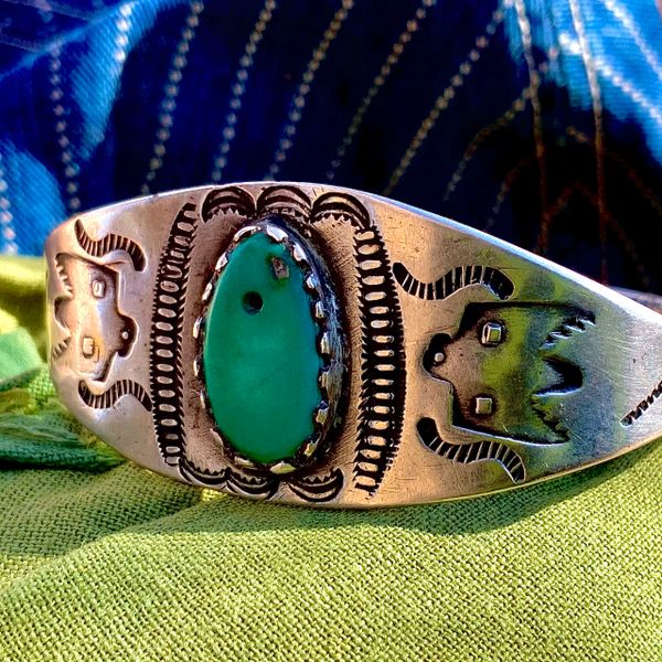 SOLD 1910s WROUGHT INGOT SILVER THUNDERBIRD FRED HARVEY TRADING POST GREEN TAB CUFF BRACELET WITH EARLY FILE STAMPS