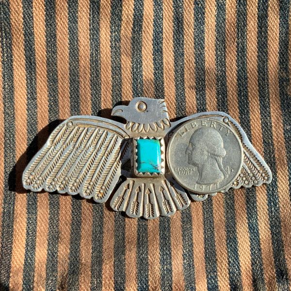 SOLD 1940s BIG WOLF ROBE HUNT THUNDERBIRD & FACETED BLUE TURQUOISE INGOT SILVER