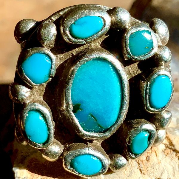 1890s EARLIEST KNOWN AVAILABLE ZUNI RING HARD GREASY NEON BLUE TURQUOISE STOMES PESO MOUNTED INGOT SILVER