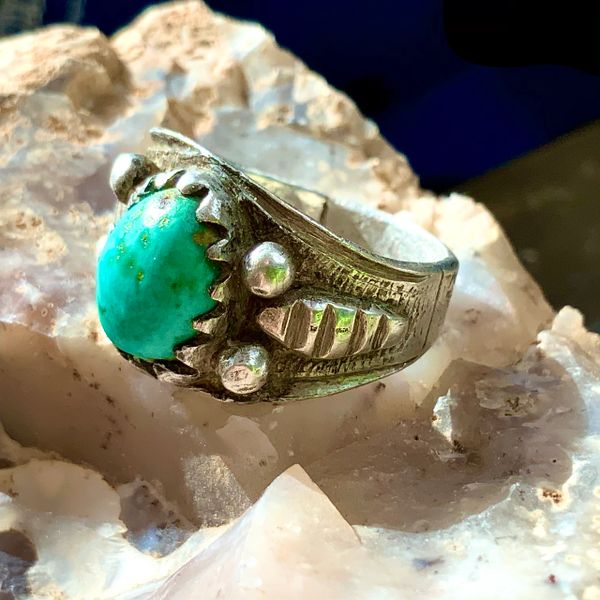 SOLD 1890s INGOT SILVER RATTLESNAKE BLUE GREEN TURQUOISE RING