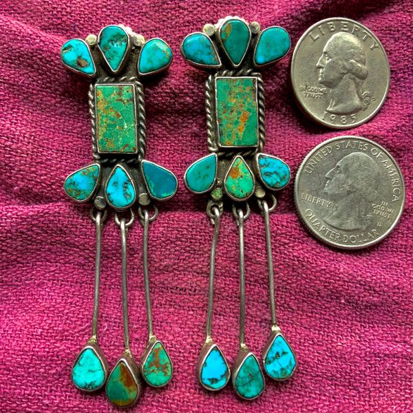 SOLD 1920s - 1930s TURQUOISE AND SILVER CHANDELIER GREEN AND BLUE EARLIEST ZUNI EARRINGS