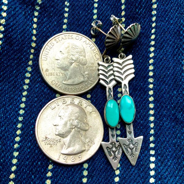 SOLD 1920s ARROWS & THUNDERBIRD & PEYOTE BUTTON SILVER DANGLE BLUE TURQUOISE EARRINGS
