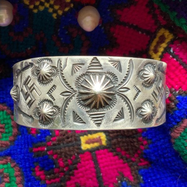 SOLD 1920s SILVER PEYOTE BUTTONS REPOUSSE WHIRLING LOGS FRED HARVEY ERA WIDE SILVER CUFF BRACELET