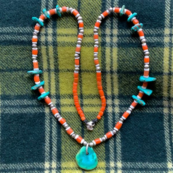 SOLD CORAL ANTIQUE CORAL, SILVER BENCH BEADS, TURQUOISE TABS & CLAM SHELL PUEBLO ONDIAN STYLE NECKLACE