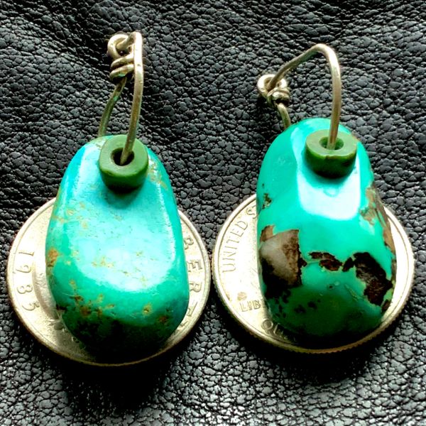 SOLD 1940s BLUE TAB TURQUOISE EAR BOBS EARRINGS WITH CERILOS HEISHE GREEN TURQUOISE BEAD ACCENTS ON SILVER WIRE